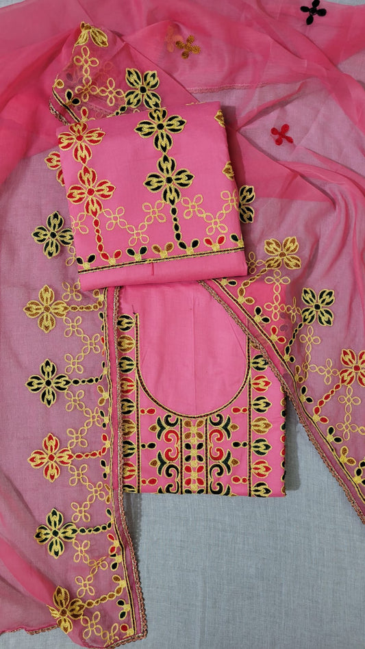 Lawn Cotton 3piece Suits Afghani Embroidered Shirts Plain Embroidered same color trouser Chiffoon Dupatta-#1103